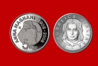 ANNA MAGNANI  MONETA 5 EURO 2008  D'ARGENTO INCASTONATA IN PORTACHIAVI GIOIELLO UNICO